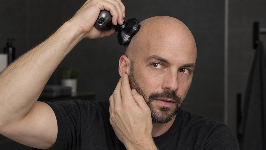 Bald man shaving his head with a palm-held rotary electric head shaver