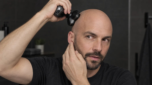 Bald man shaving his head with a palm-held rotary electric head shaver