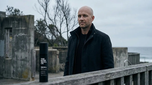 Bald man in Winter with Matte Moisturiser