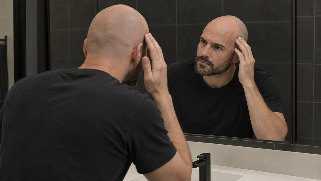 Bald man checking his scalp for razor bumps in a bathroom mirror