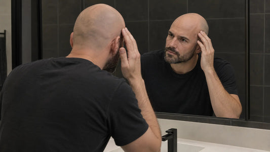 Bald man checking his scalp for razor bumps in a bathroom mirror