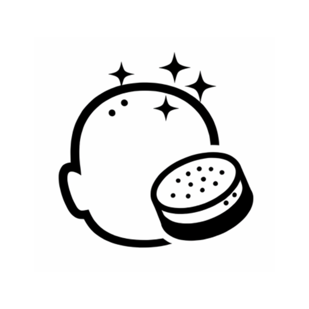 Black and white icon of a bald guy with head scrub with stars above on a white background